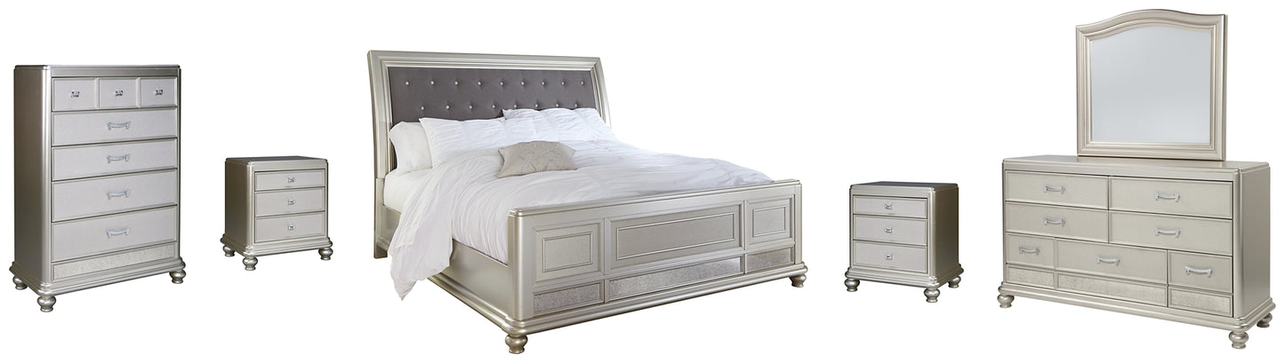 Coralayne California King Upholstered Sleigh Bed with Mirrored Dresser, Chest and 2 Nightstands
