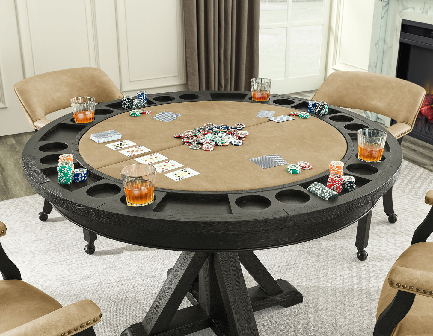 Rylie 48-inch Round Dining Table with Folding Game Top, Black Finish